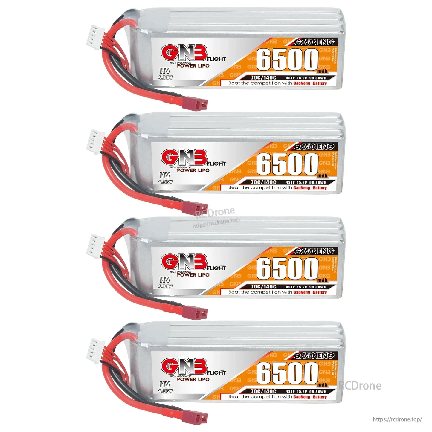 Four GNB 6500mAh 4S HV LiPo batteries displayed, side label view with T-plug and balance leads