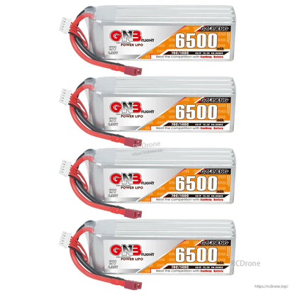 Four GNB 6500mAh 4S HV LiPo batteries displayed, side label view with T-plug and balance leads