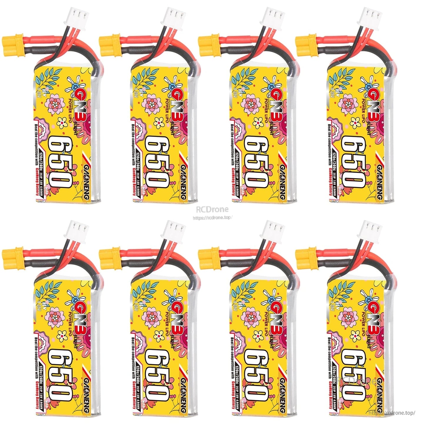 Eight GAONENG GNB 650mAh batteries arranged upright, showing front labels and leads