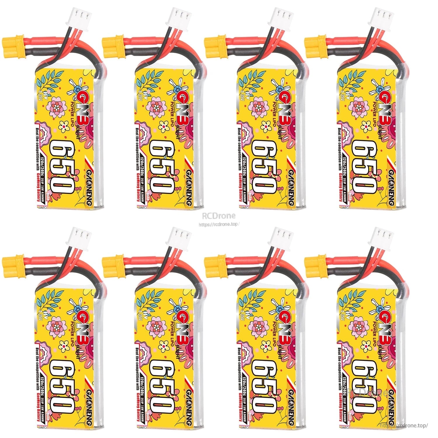 Eight GAONENG GNB 650mAh batteries arranged upright, showing front labels and leads
