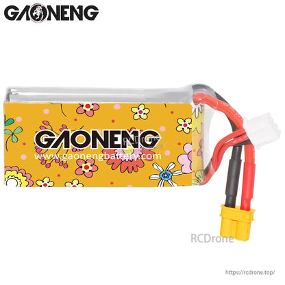 Rear side of GAONENG LiHV battery showing GAONENG branding wrap and wire exit