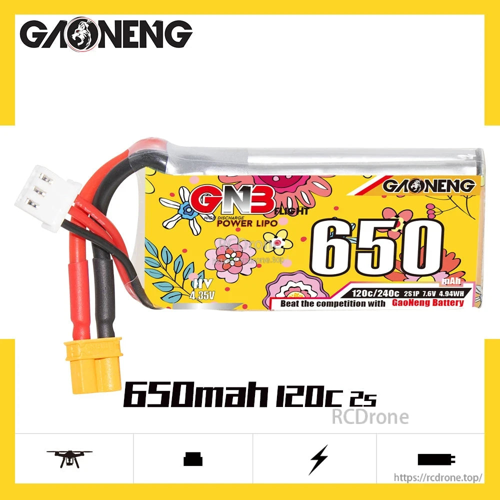 GNB 650mAh 120C 2S LiHV battery product graphic showing label and leads