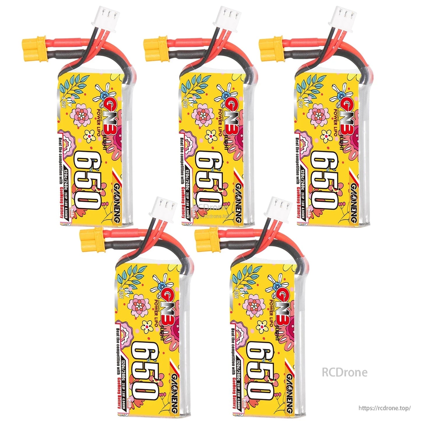 Five GAONENG GNB 650mAh batteries shown upright, multi-pack layout with XT30 plugs