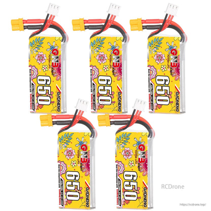 Five GAONENG GNB 650mAh batteries shown upright, multi-pack layout with XT30 plugs