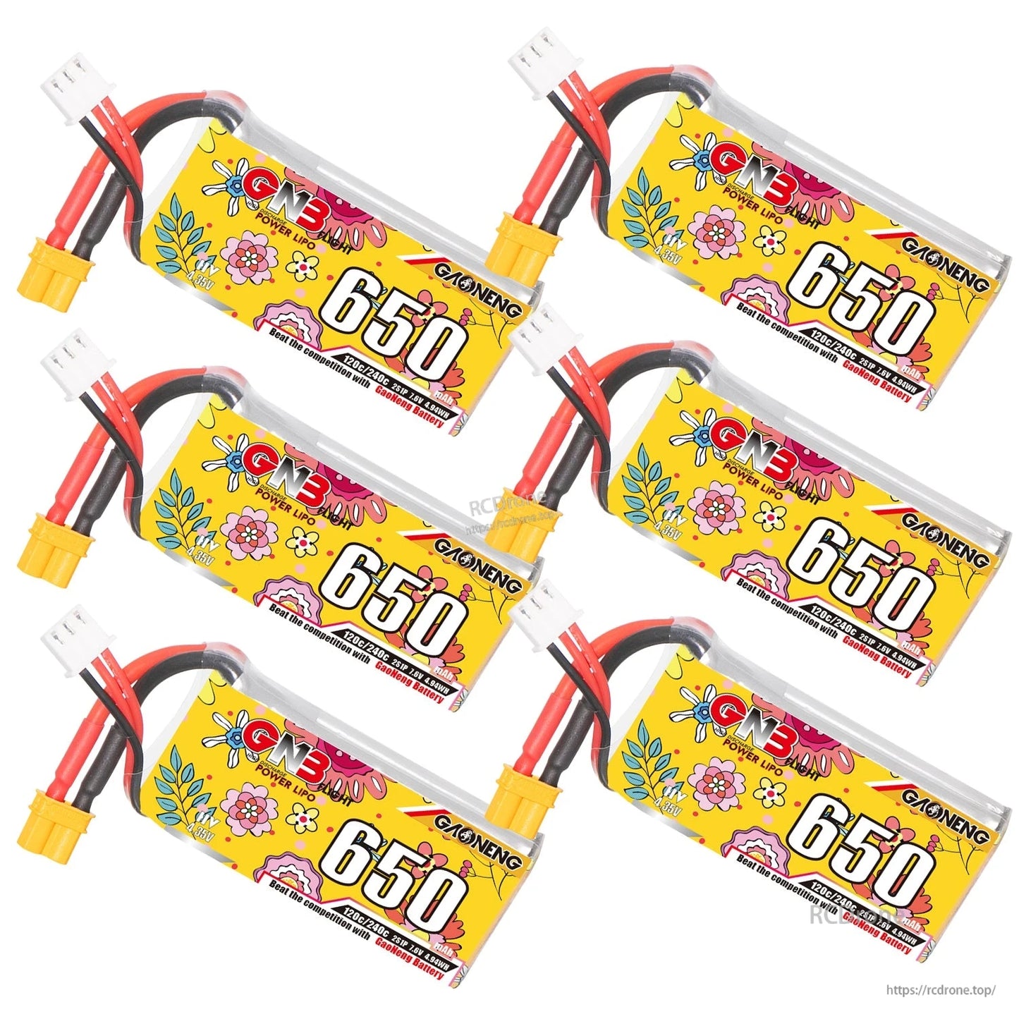 Six GAONENG GNB 650mAh batteries in angled grid, showing front labels and XT30 connectors