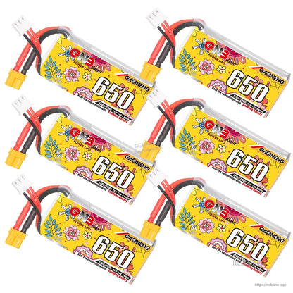 Six GAONENG GNB 650mAh batteries in angled grid, showing front labels and XT30 connectors