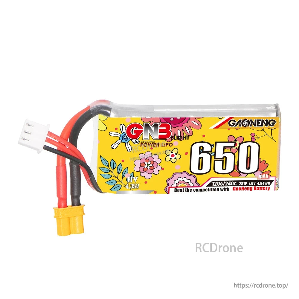 GAONENG GNB6502S120AHV 2S 650mAh LiHV battery side view with XT30 plug and balance lead