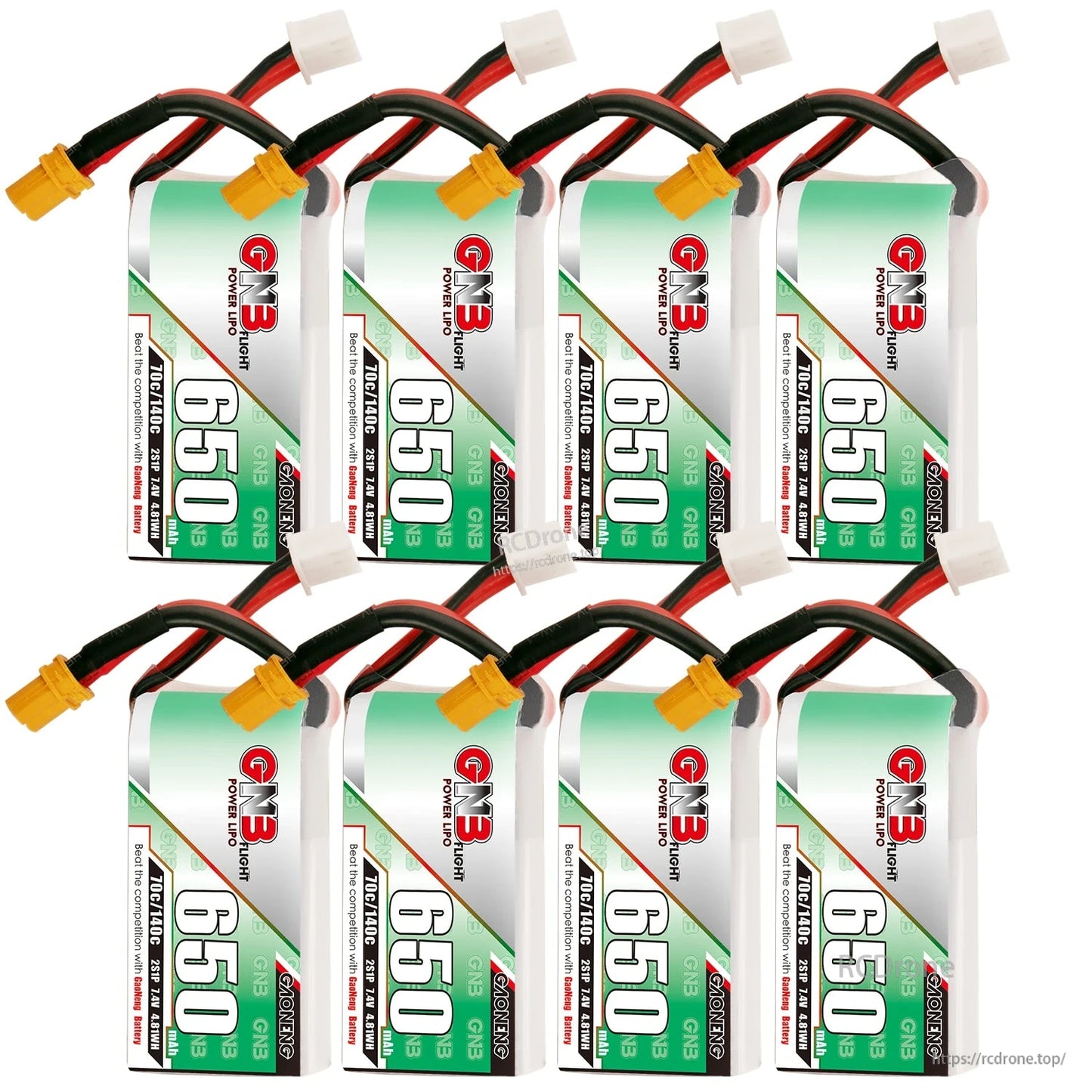 Eight GAONENG GNB 650mAh LiPo batteries arranged in two rows, showing front labels and connectors