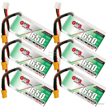 Six-pack collage of GAONENG GNB 650 2S batteries, each with XT30 plug and balance lead visible