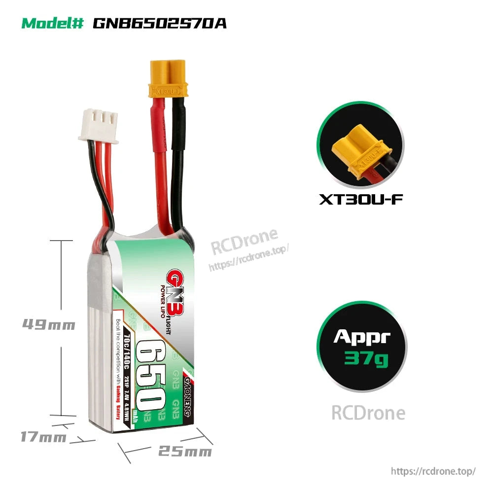 GNB6502S70A battery dimensions diagram (49×25×17mm) with XT30U-F connector close-up and approx 37g weight
