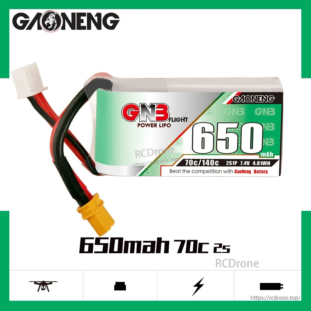 GAONENG GNB 650mAh 70C 2S battery product graphic with front label and connector leads on white background
