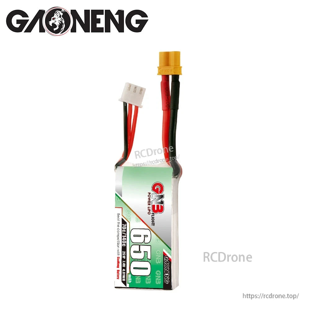 Vertical side view of GNB 650 battery showing thickness and lead length with XT30 plug and balance connector
