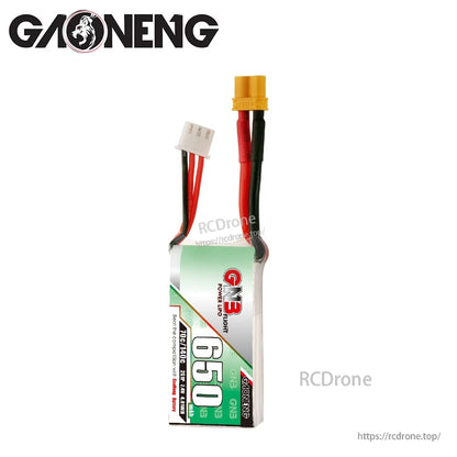 Vertical side view of GNB 650 battery showing thickness and lead length with XT30 plug and balance connector