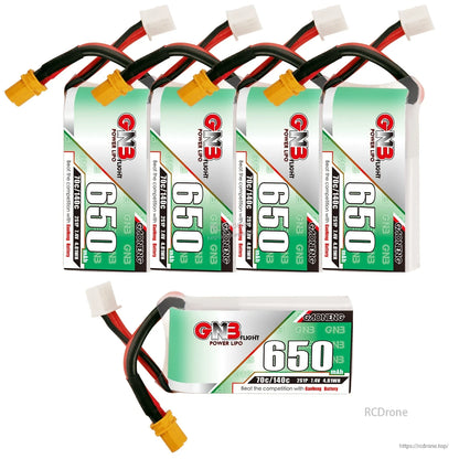 Five GAONENG GNB 650mAh batteries shown together, four upright and one horizontal with XT30 connectors visible