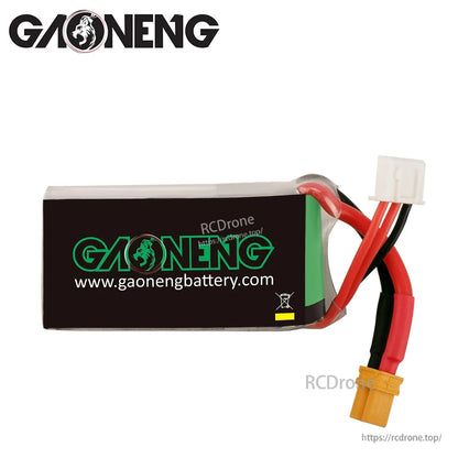 Rear side of GAONENG battery showing gaonengbattery.com label, wires, XT30 plug and balance connector
