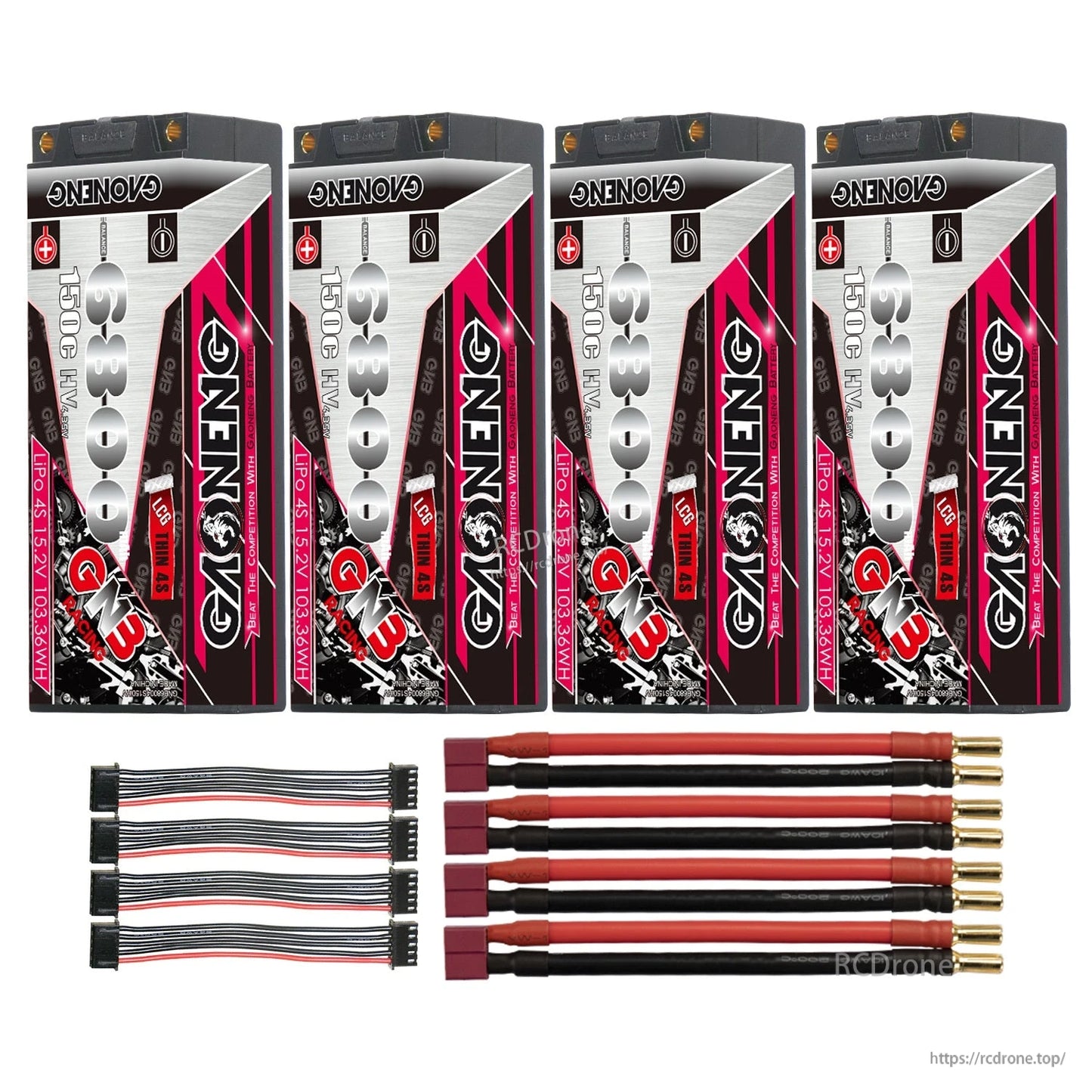 Four GAONENG hard case batteries with Deans/T-plug leads and four balance extension cables