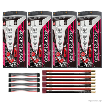 Four GAONENG hard case batteries with Deans/T-plug leads and four balance extension cables