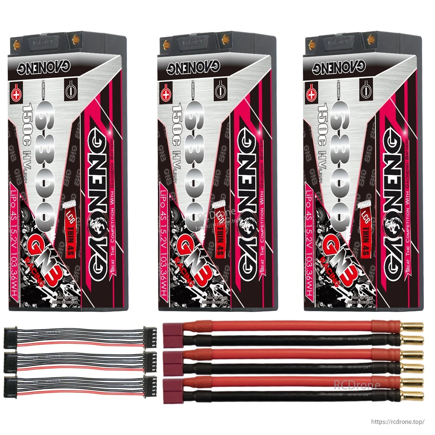 Three GAONENG hard case batteries with Deans/T-plug leads and three balance extension cables