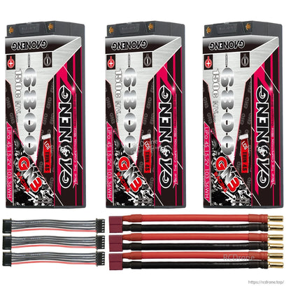 Three GAONENG hard case batteries with Deans/T-plug leads and three balance extension cables