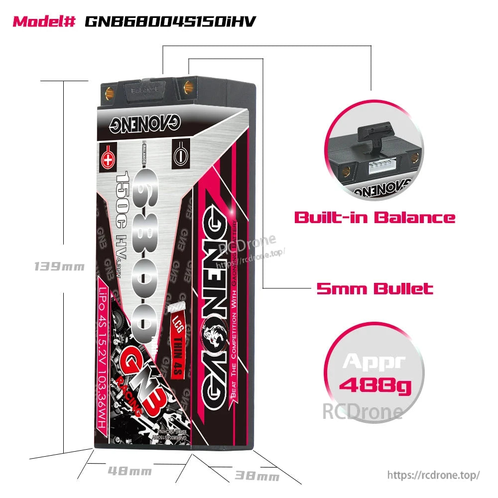 GNB68004S150iHV battery size diagram with built-in balance port and 5mm bullet connector callouts