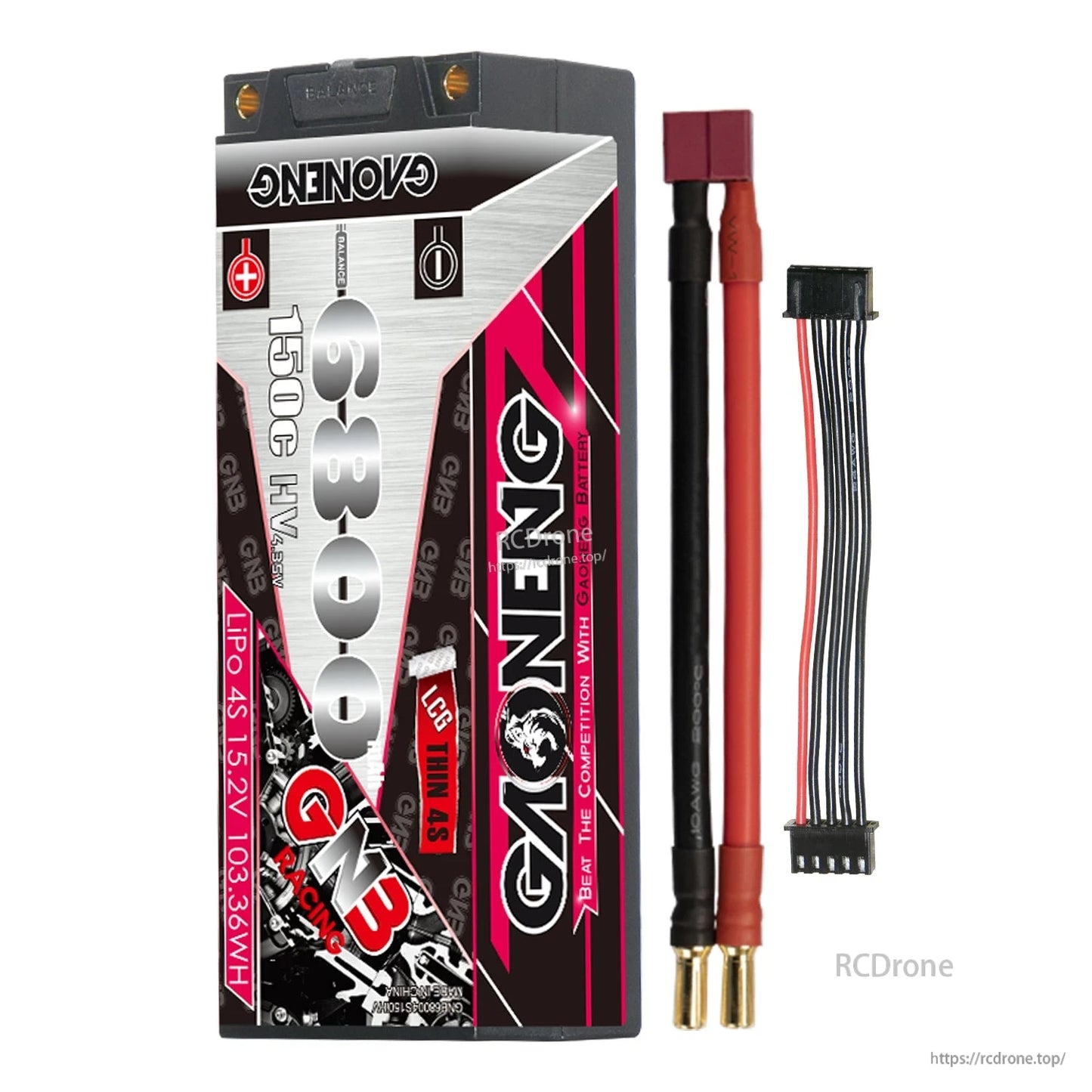 GAONENG hard case battery with Deans/T-plug style lead, 5mm bullet ends, and balance cable