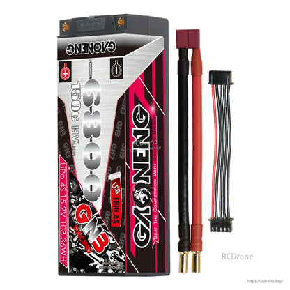GAONENG hard case battery with Deans/T-plug style lead, 5mm bullet ends, and balance cable