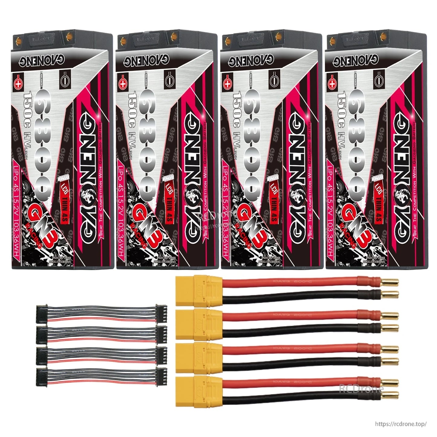Four GAONENG hard case batteries with four XT90-style leads and four balance extension cables