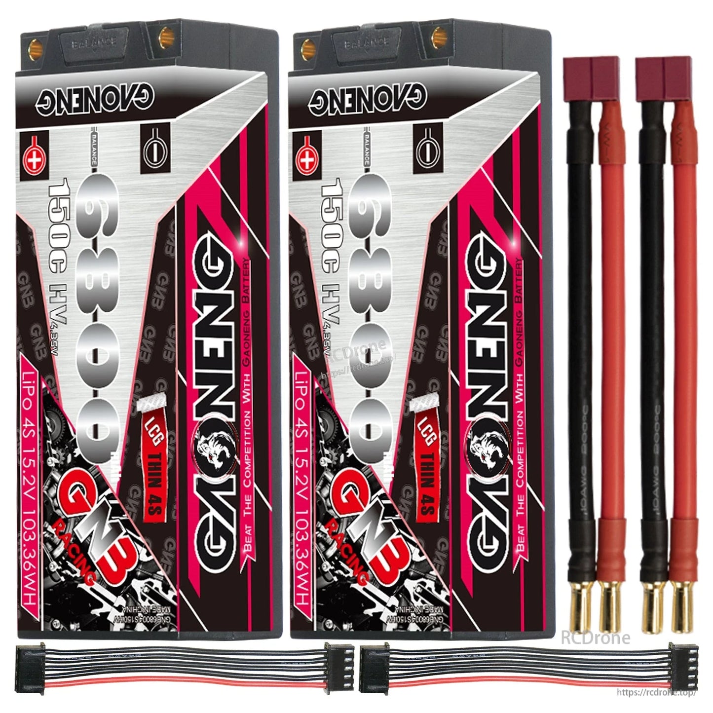 Two GAONENG hard case batteries with Deans/T-plug leads and two balance extension cables
