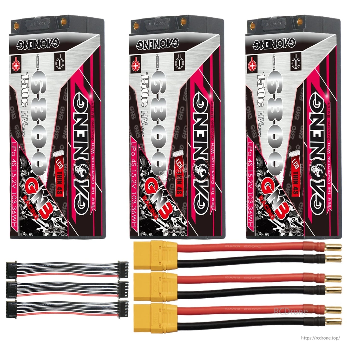 Three GAONENG hard case batteries with three XT90-style leads and three balance extension cables