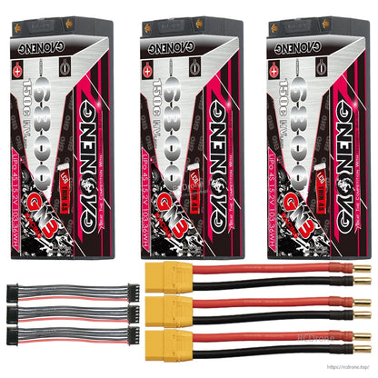 Three GAONENG hard case batteries with three XT90-style leads and three balance extension cables