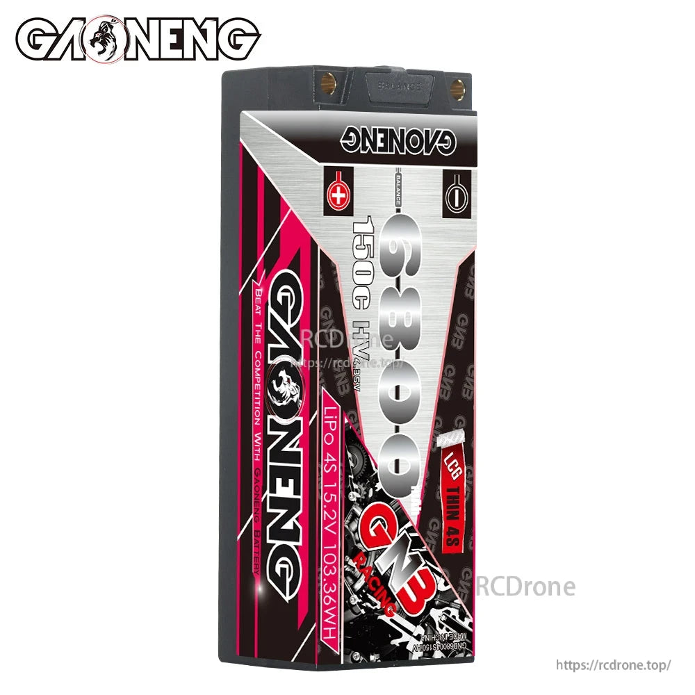 Upright front view of GAONENG GNB 4S LiHV 6800 hard case battery label and branding