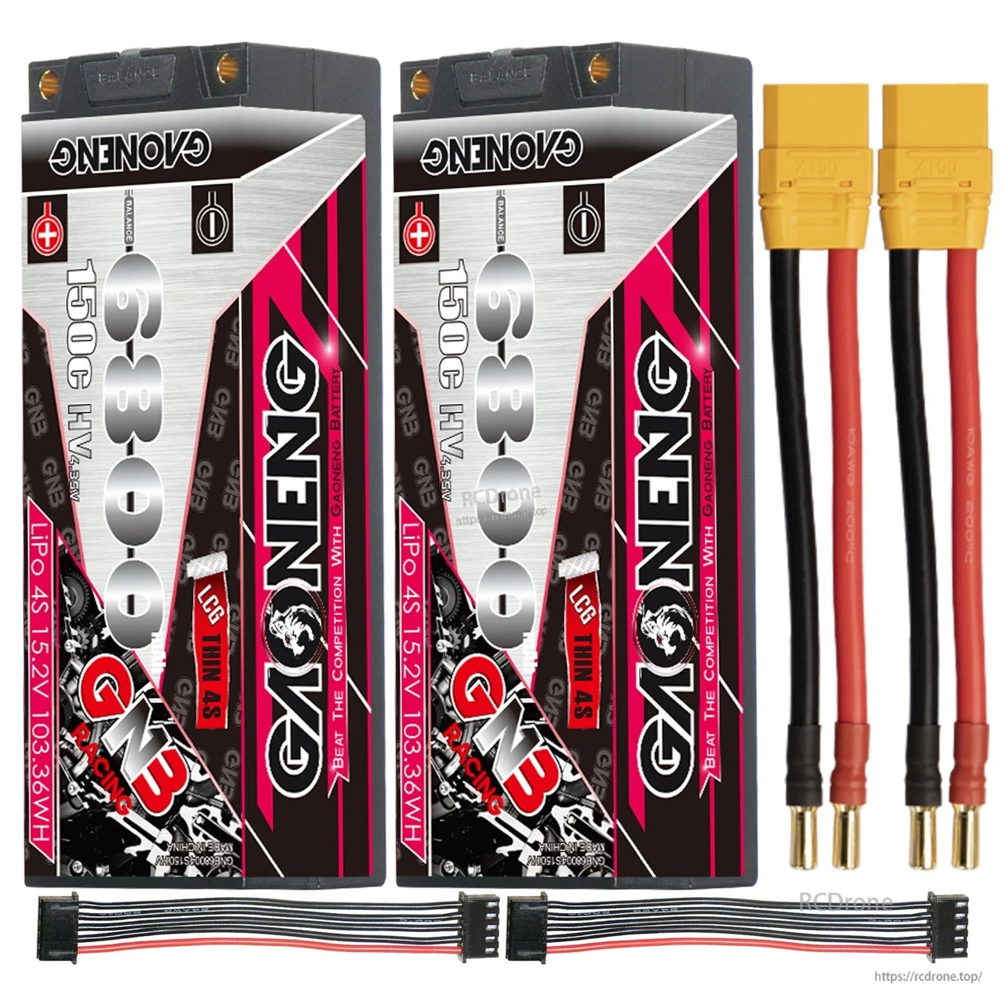 Two GAONENG GNB hard case batteries with two XT90-style leads and two balance extension cables