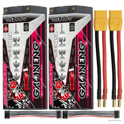 Two GAONENG GNB hard case batteries with two XT90-style leads and two balance extension cables