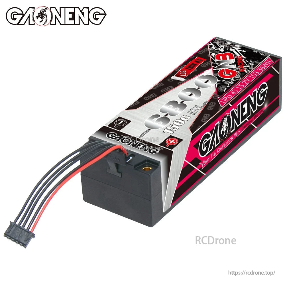 Rear/side angle showing GAONENG hard case battery with attached balance lead and plug