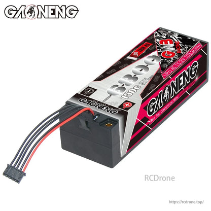 Rear/side angle showing GAONENG hard case battery with attached balance lead and plug