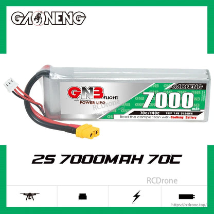 GAONENG GNB70002S70A 2S 7000mAh 70C battery graphic showing side profile and specs text