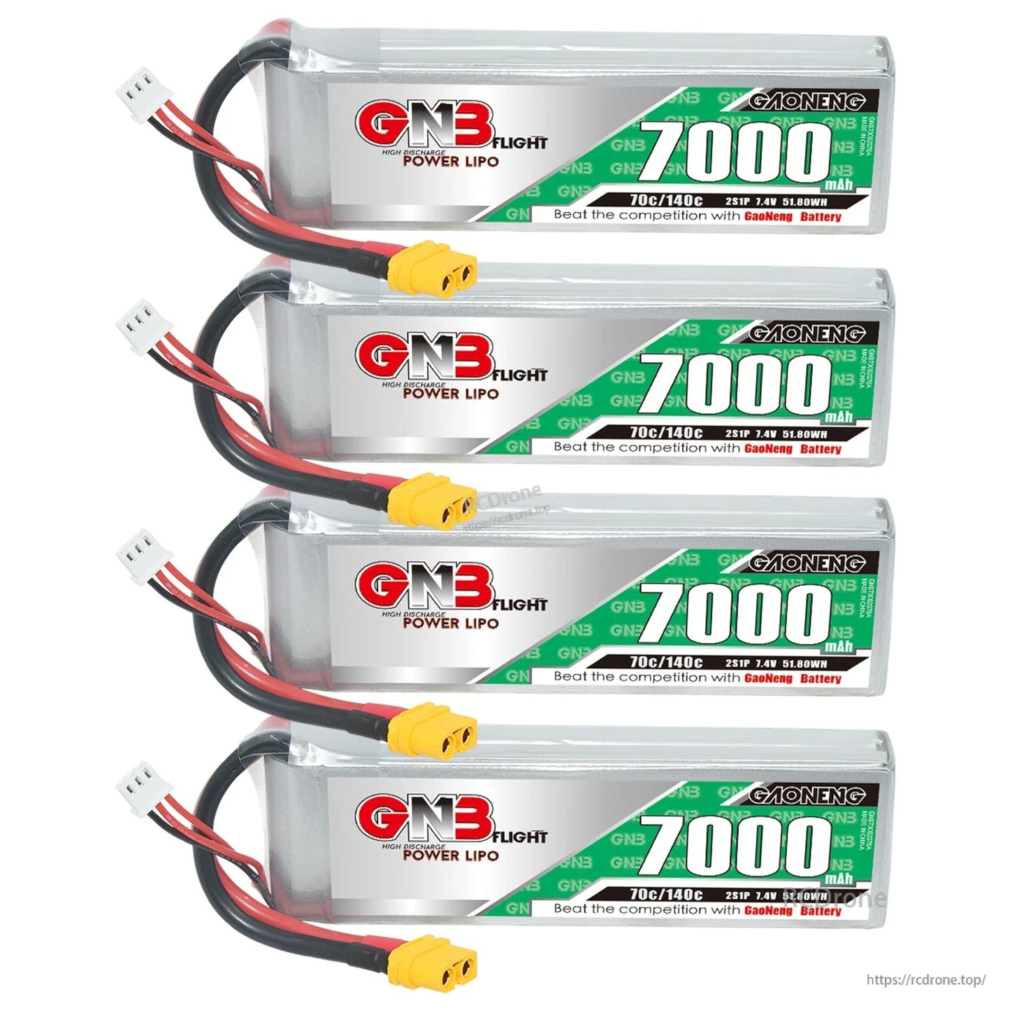 Four GNB 7000mAh LiPo batteries stacked with XT60 plugs and balance leads aligned