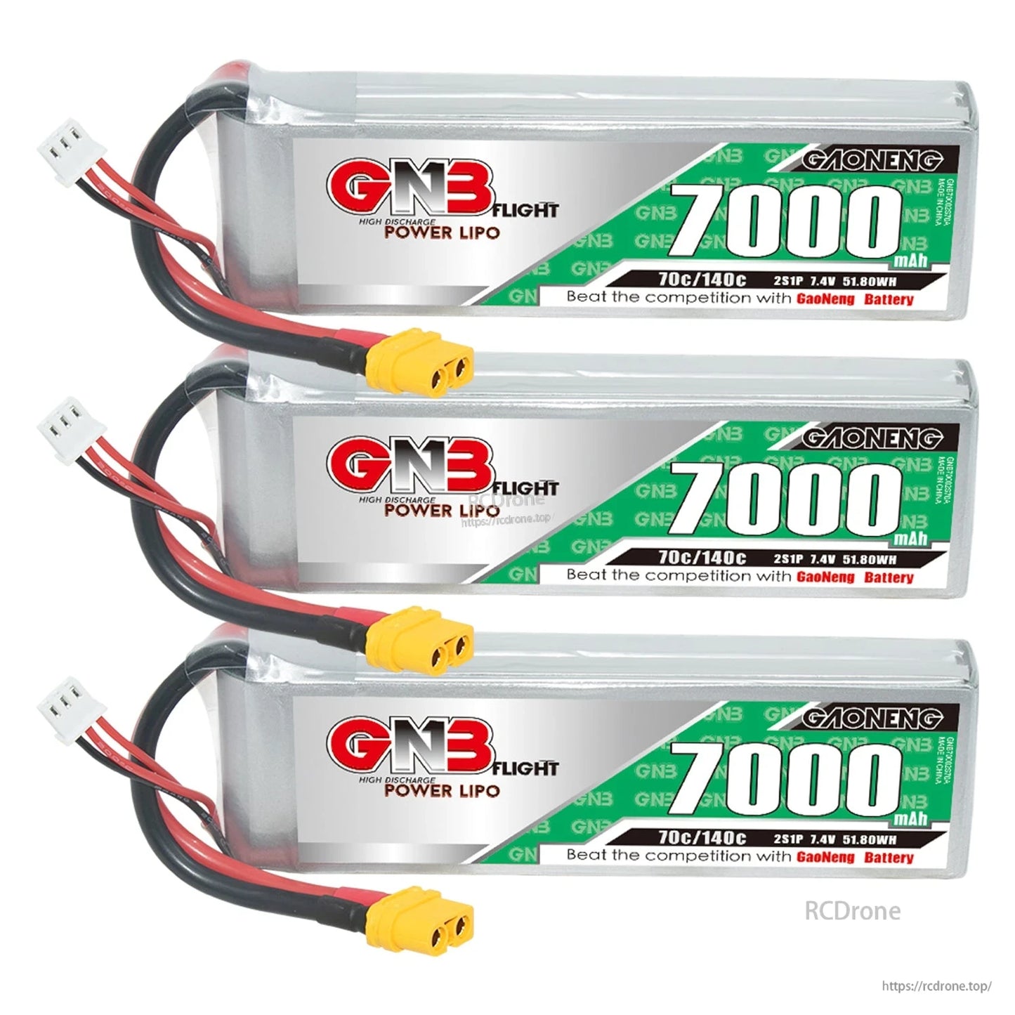 Three GNB 7000mAh LiPo batteries stacked horizontally with XT60 connectors visible