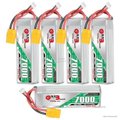 Five GAONENG GN3 7000mAh LiPo batteries shown, four upright and one horizontal with XT90 plug