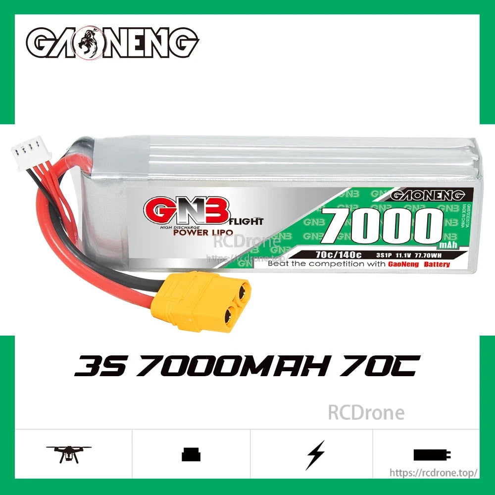 GAONENG GNB70003S70A 3S 7000mAh 70C LiPo battery on white background with spec text
