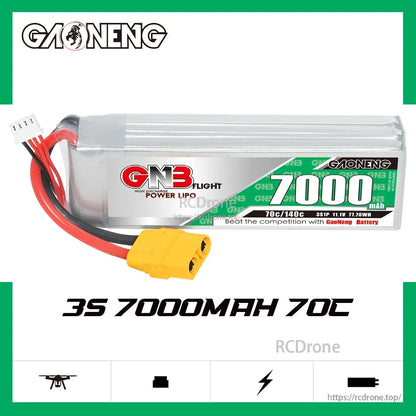 GAONENG GNB70003S70A 3S 7000mAh 70C LiPo battery on white background with spec text
