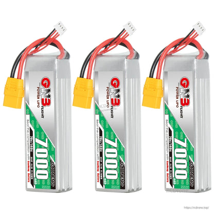 Three GAONENG GN3 7000mAh LiPo batteries shown upright with XT90 connectors and balance leads