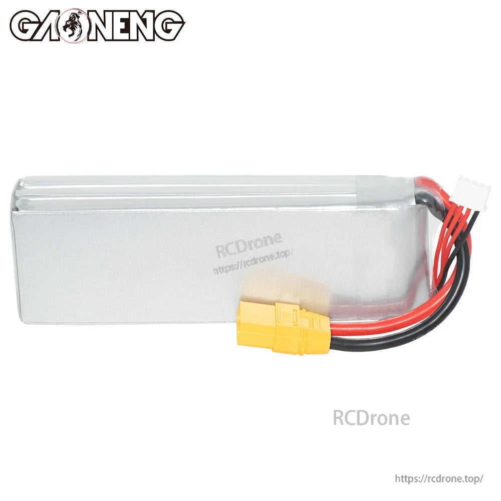 Rear view of LiPo battery casing showing smooth silver wrap, power leads and XT90 connector