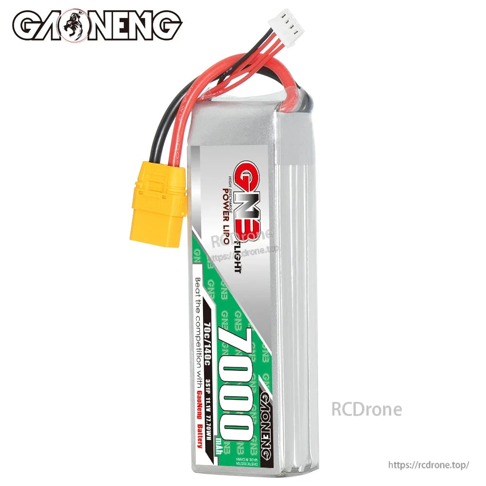 Side view of GAONENG 7000mAh LiPo pack with XT90 connector and top-mounted balance lead