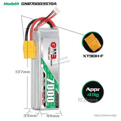 GNB70003S70A battery size diagram showing 137 mm length, XT90H-F plug, approx 411 g weight