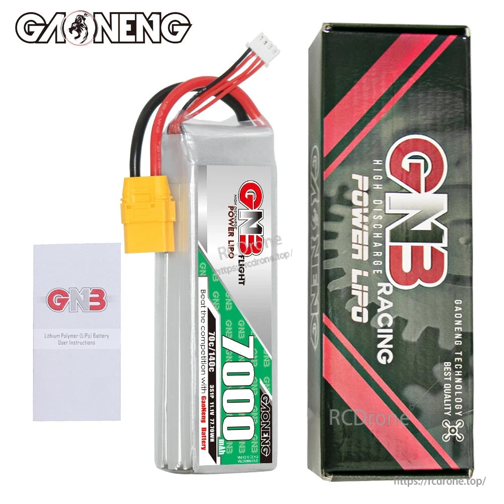Package contents: GAONENG 7000mAh LiPo battery, GN3 Racing box, and instruction leaflet