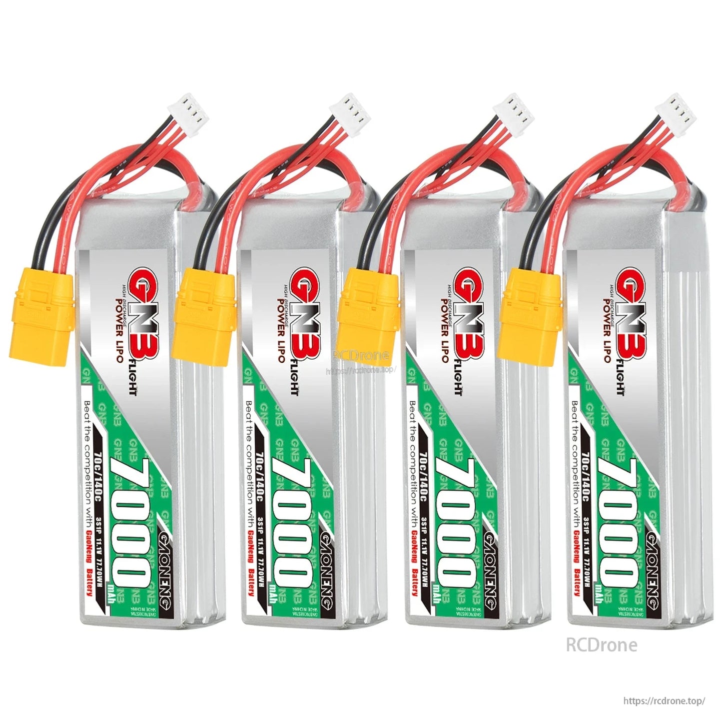 Four GAONENG GN3 7000mAh LiPo batteries shown upright with XT90 connectors and balance leads