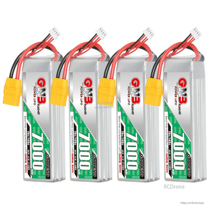Four GAONENG GN3 7000mAh LiPo batteries shown upright with XT90 connectors and balance leads