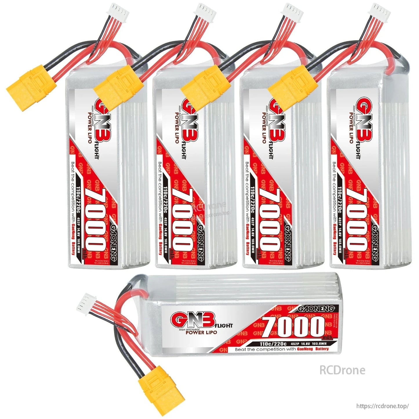 Group display of five GNB 7000mAh packs: four upright plus one horizontal showing side label