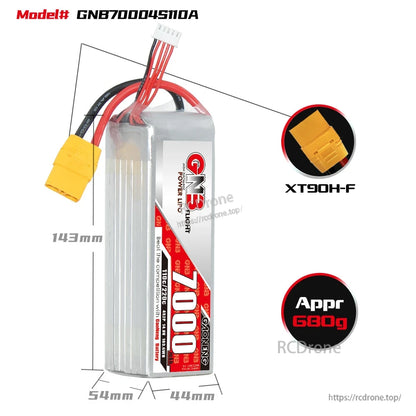 GNB70004S110A battery dimensions diagram with XT90H-F connector callout and approx 680g weight